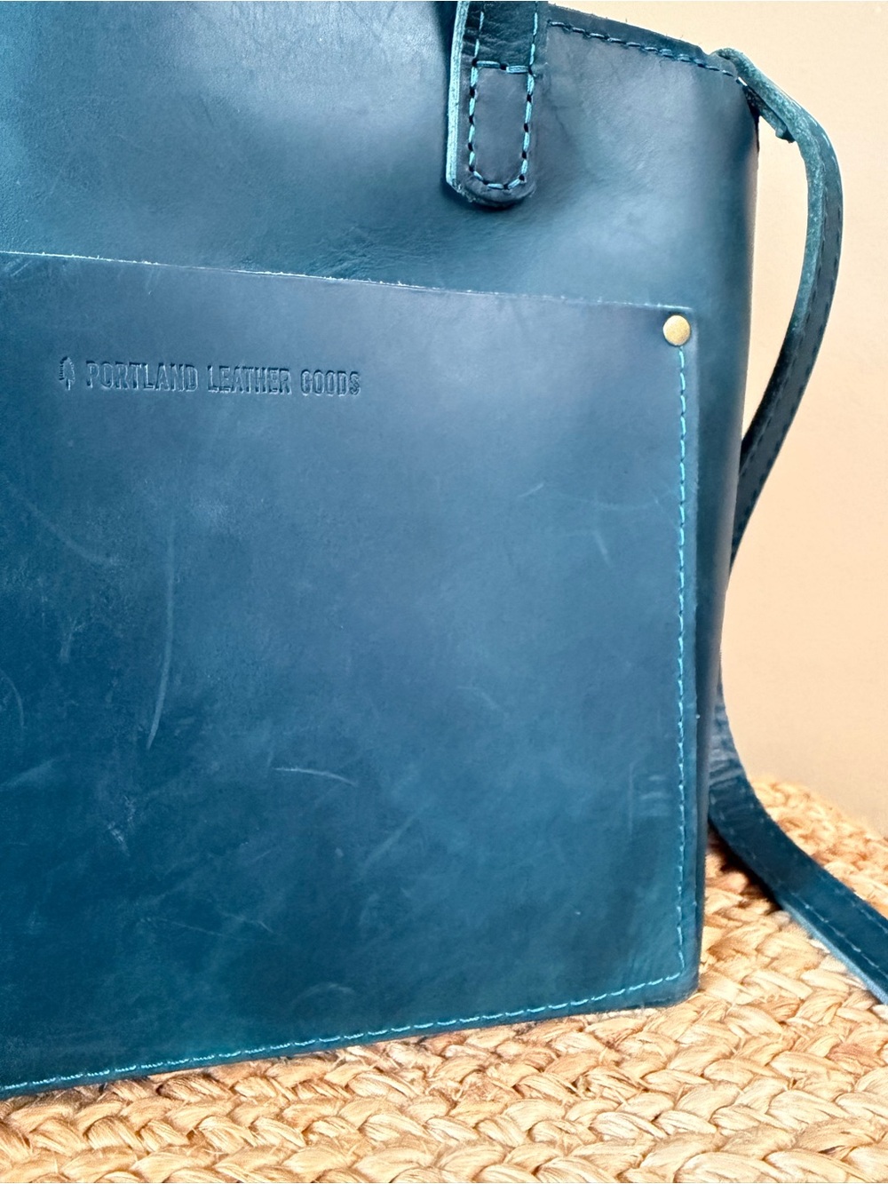 Portland Leather Goods Crossbody Tote in Westward Blue w/ Gray Canvas Organizer - Picture 3 of 15